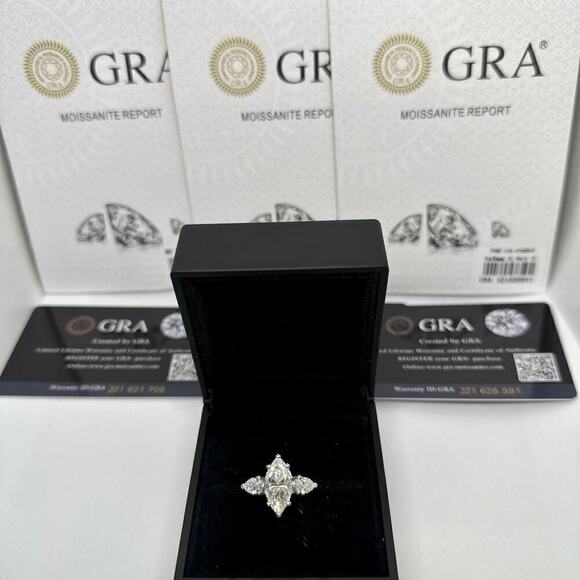 Ring Jewelry - Moissanite Diamond Engagement Ring Marquis Cut Pear Three Stone GRA 18K Size 8